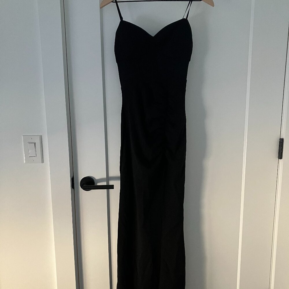 Windsor Black Spaghetti-Strap Formal Gown with Mesh Detailing, Size XS